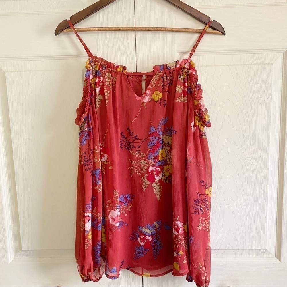 Doe & Rae Cold Shoulder Red Floral Print Blouse - Picture 11 of 11